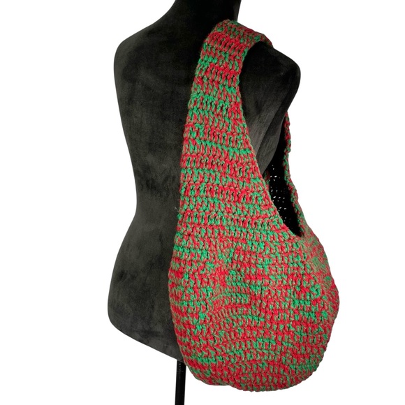Handcrafted Red Green Crochet Bag Hand Crafted Knit Shoulder Bag Christmas Tote - Picture 12 of 12